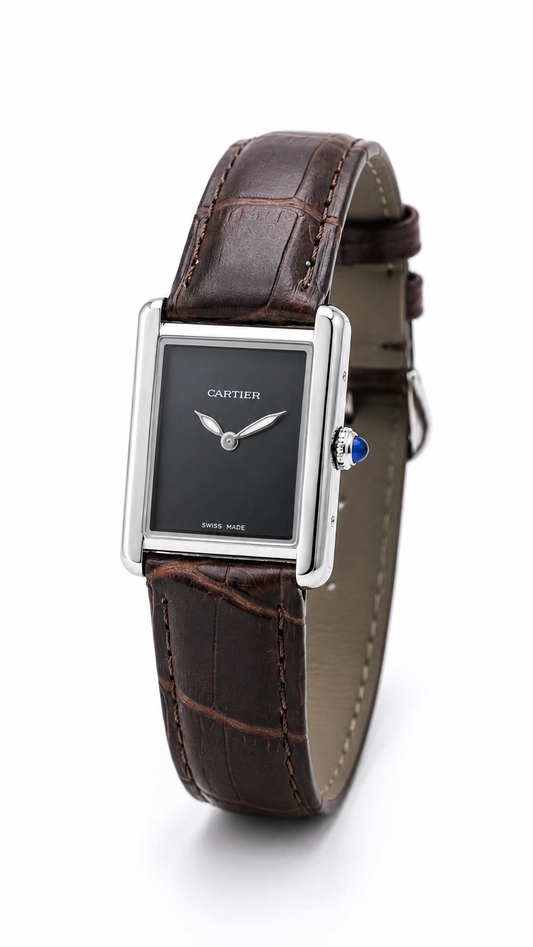 Cartier Tank Must — Black Dial | Steel Case | Brown Alligator Leather Strap
