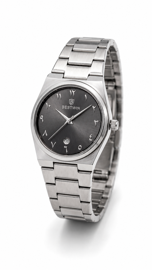 BESTWIN Arabic Numerals Black Dial Silver Watch