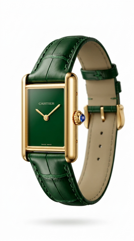 Cartier Tank Green Dial Crocodile Pattern Leather Strap Watch – Gold Tone