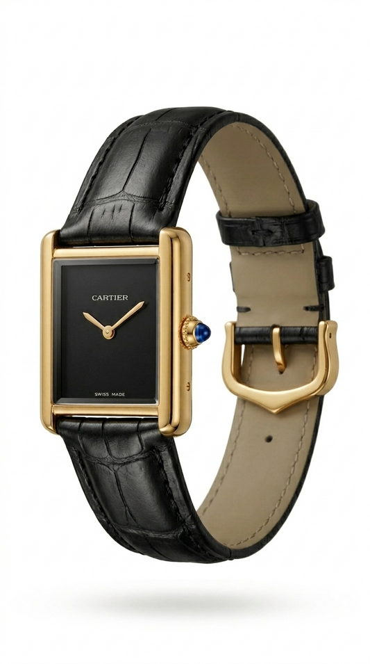 Tank Black Dial Crocodile Pattern Leather Strap Watch – Gold Tone