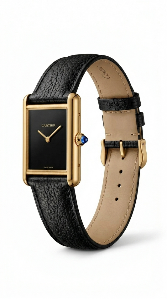 Cartier Tank Must — Black Dial | Yellow Gold Case | Black Grained Leather Strap