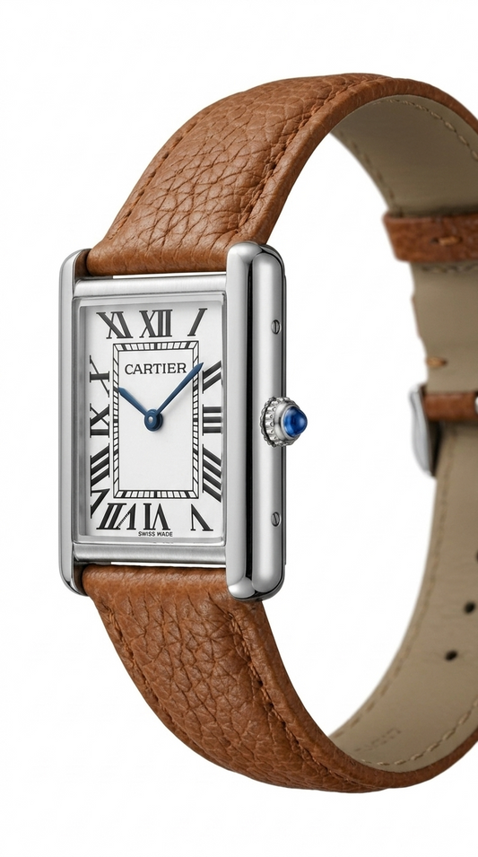 Cartier Tank White Dial Pebbled Leather Strap Watch – Silver Tone