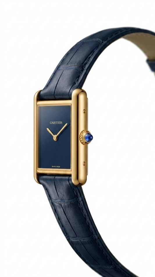 Cartier Tank Must — Navy Blue Dial | Yellow Gold Case | Blue Alligator Leather Strap