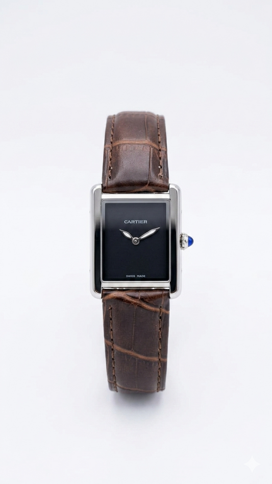 Cartier Tank Must — Black Dial | Steel Case | Brown Alligator Leather Strap