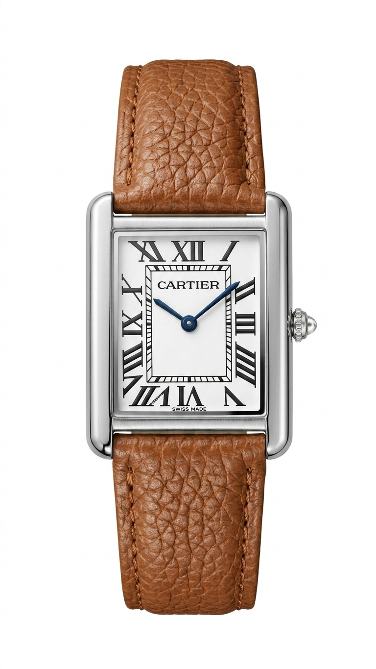 Cartier Tank White Dial Pebbled Leather Strap Watch – Silver Tone