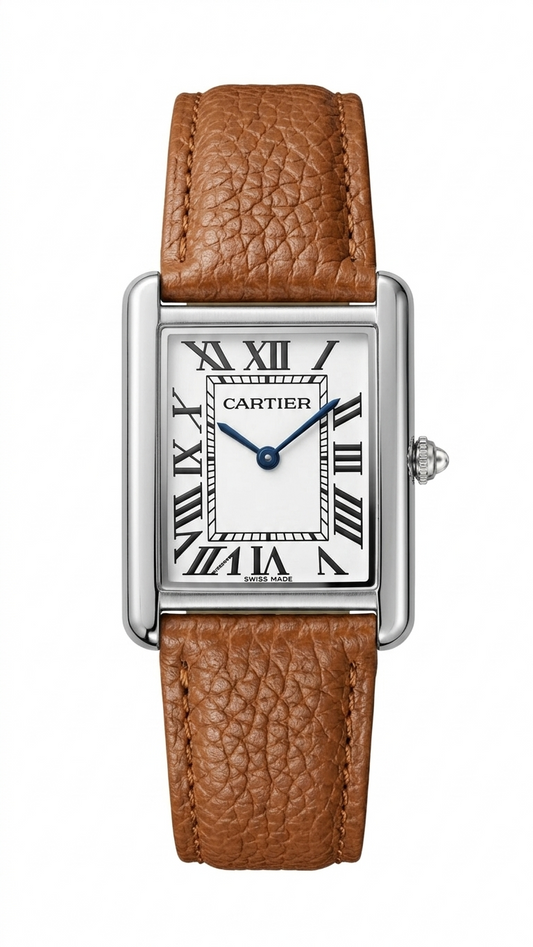Cartier Tank White Dial Pebbled Leather Strap Watch – Silver Tone