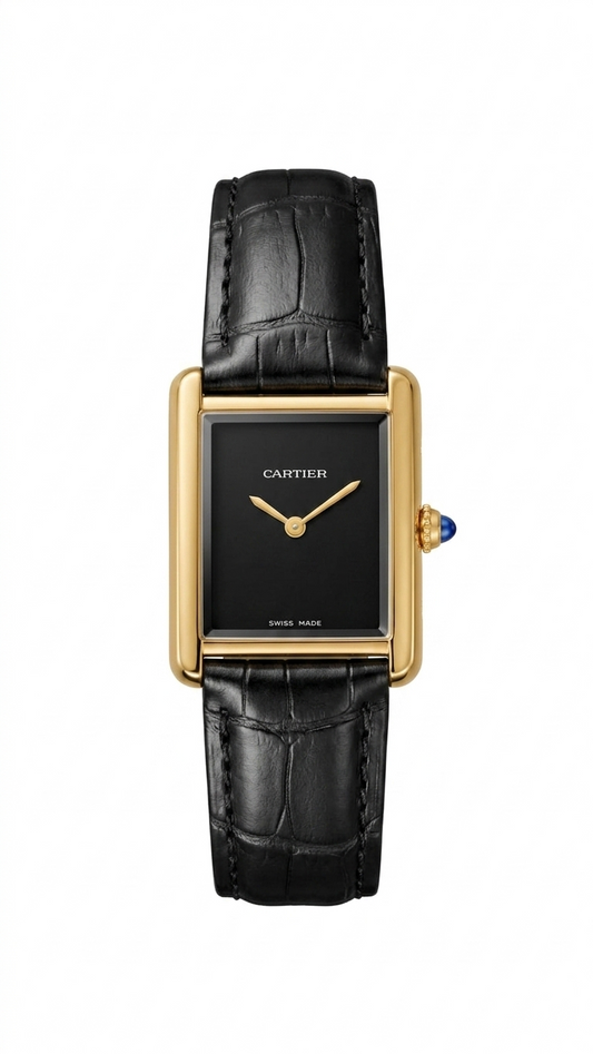 Tank Black Dial Crocodile Pattern Leather Strap Watch – Gold Tone