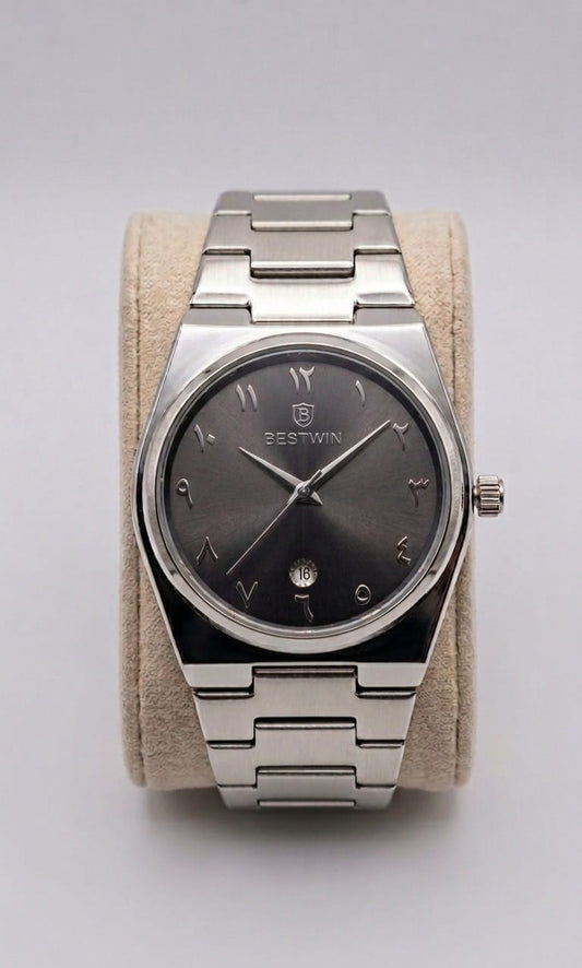 BESTWIN Arabic Numerals Black Dial Silver Watch