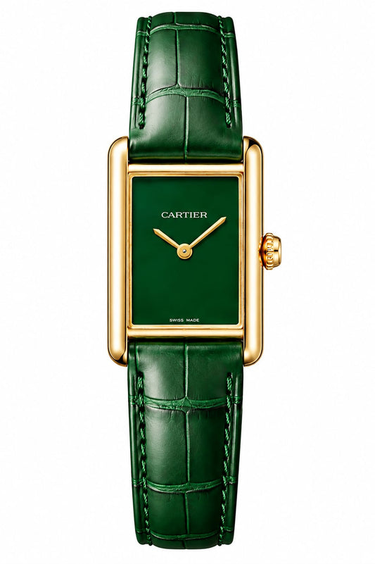 Cartier Tank Green Dial Crocodile Pattern Leather Strap Watch – Gold Tone